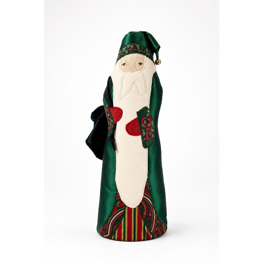 Vintage Folk Art Fabric Santa Claus Figure Green Satin Robe Christmas 13”